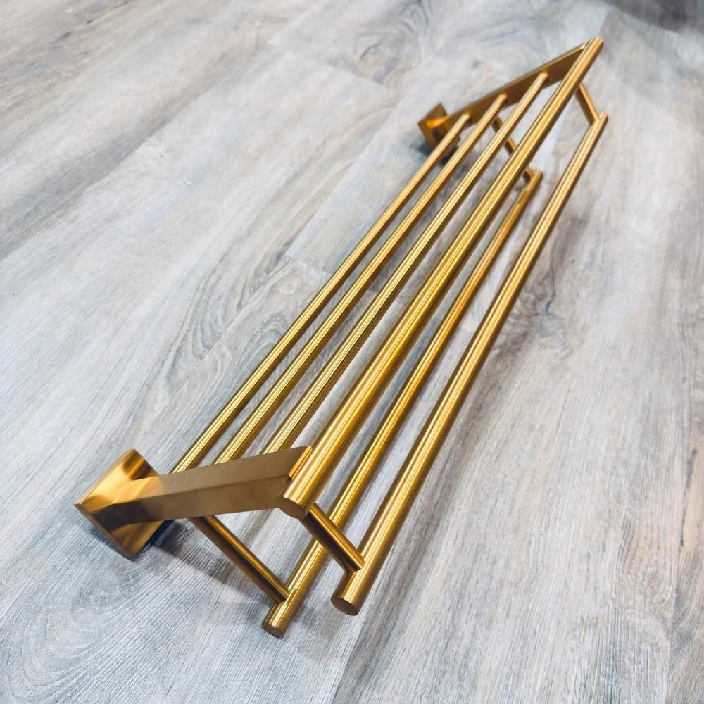 Vintage Brass Towel Rack Shelf Wall Mount Bathroom Hotel Style Organizer READ